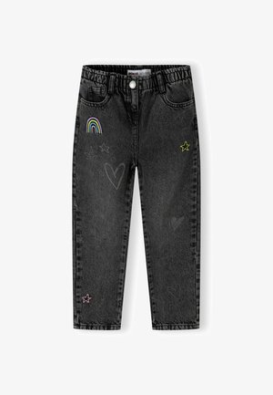 Jean noir pour enfants avec taille élastique, broderies de rainbow, cœurs et étoiles sur les jambes avant et les poches.