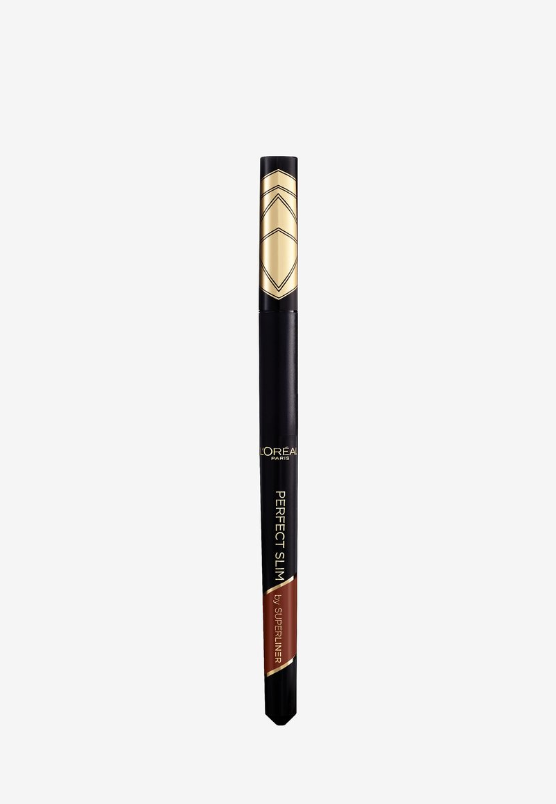 Crayon eyeliner noir avec un design géométrique doré sur le capuchon. Dispose d'une pointe fine pour une application précise. Le texte indique "Perfect Slim by Superliner."