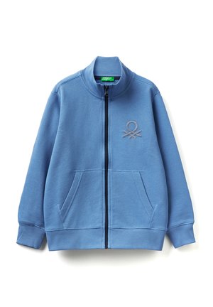 Blue zip-up sweatshirt with ribbed collar, cuffs, and hem, front pockets, and a small embroidered logo on the left chest.