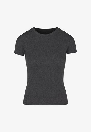 Dunkelgraues, kurzärmeliges, tailliertes Strickshirt mit rundem Ausschnitt, vor weißem Hintergrund dargestellt.