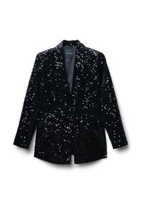 Blazer nero in paillettes con design a risvolto classico, chiusura a unico bottone e due tasche frontali. Fodera interna liscia.