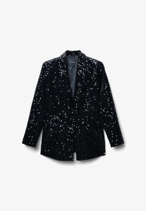 Blazer nero in paillettes con design a risvolto classico, chiusura a unico bottone e due tasche frontali. Fodera interna liscia.