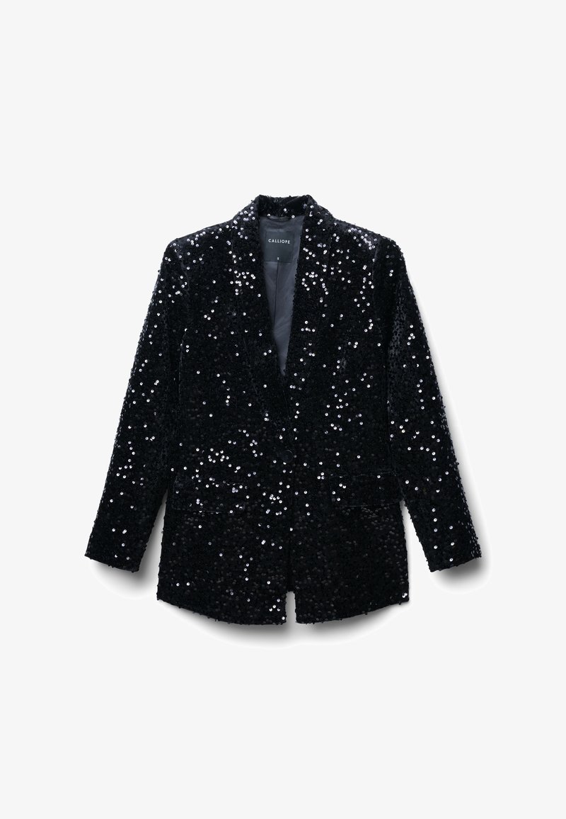 Blazer nero in paillettes con design a risvolto classico, chiusura a unico bottone e due tasche frontali. Fodera interna liscia.