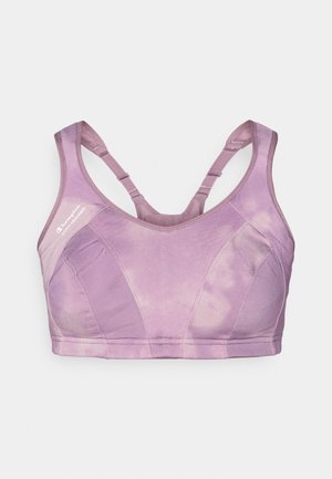 Violetti tie-dye urheilurintaliivit, joissa on kaareva V-pääntie ja monistrapinen takakuvio. Valmistettu joustavasta, pehmeästä kankaasta mukavuutta varten.