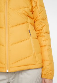 Giacca imbottita gialla con cuciture a zigzag, zip frontale e polsini elastici. Il materiale appare liscio e isolato.