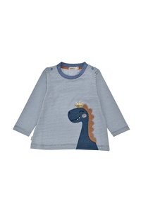 Langarmhemd mit blauen und weißen Streifen, das ein dunkelblaues Dinosaurier-Applikation mit einer braunen strukturierten Mähne und gelben Kronendetails zeigt.