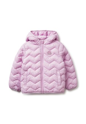 Hellrosa gesteppte Kapuzenjacke mit Frontreißverschluss, zwei Taschen, elastischen Bündchen und kleinem gesticktem Logo auf der linken Brust.