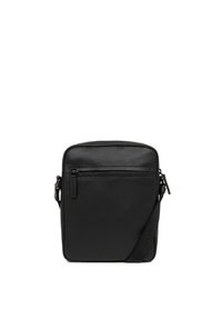 Borsa a tracolla in pelle nera con forma rettangolare slim, tracolla regolabile e tasca frontale con zip. Texture liscia e design minimal.