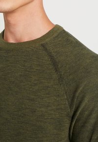 Olivgrüner Strickpullover mit geripptem Rundhalsausschnitt, subtiler Textur und Raglanärmeln, der eine enganliegende Silhouette bietet.