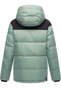 Light green puffer jacket with a black shoulder accent, featuring a hood, quilted design, and elastic cuffs. The back is smooth and seamless.