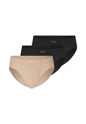 Drei Herren-Slips in Beige und Schwarz, gestapelt dargestellt mit Beige vorn und zwei schwarzen Paaren dahinter.