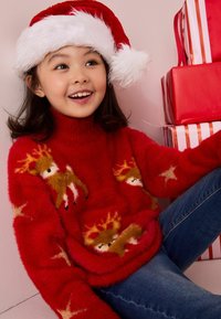 Maglione rosso e peloso con motivi di renne e stelle; indossato con un cappello da Babbo Natale con pelliccia bianca. Circondato da regali incartati.