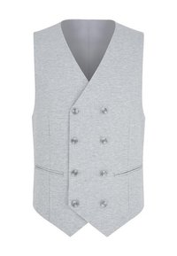 Szary kamizelka w wzory z podwójnym zapięciem, wyposażona w sześć guzików, dwie przednie kieszenie oraz gładką podszewkę.
