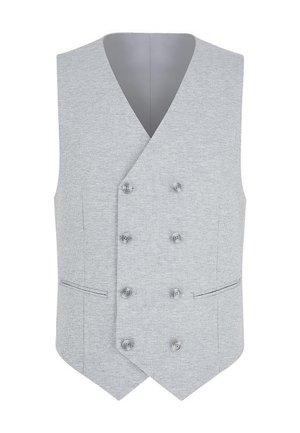 Szary kamizelka w wzory z podwójnym zapięciem, wyposażona w sześć guzików, dwie przednie kieszenie oraz gładką podszewkę.