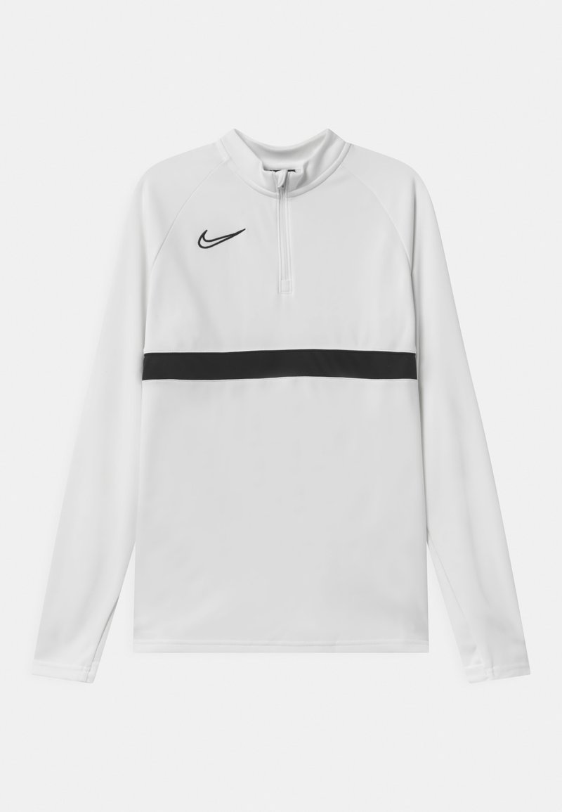 Weißes Sportoberteil mit langen Ärmeln, schwarzem horizontalen Streifen und Viertel-Reißverschluss-Kragen. Mit schwarzem Nike-Logo auf der linken Brust.