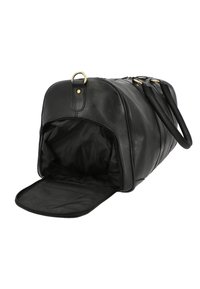 Schwarze Leder-Duffle-Tasche mit runder Form, strapazierfähiger Textur, doppelten Obergriffen, Reißverschluss und offenem Innenraum.