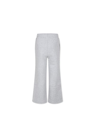Grijze, uitlopende sweatpants met een elastische tailleband en een zachte textuur. Heeft zijzakken, minimale stiksels en een ontspannen pasvorm.