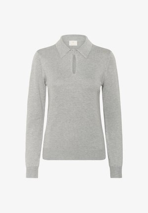 Világosszürke, hosszú ujjú kötött pulóver, gallérral, kis kulcslyuk nyílással és díszvarrással a nyak körül.