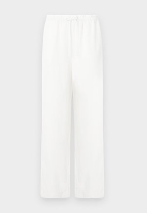 Bílé kalhoty s širokými nohavicemi vyrobené z lehkého materiálu s elastickým pasem a šňůrkovým uzávěrem. Hladká textura, žádné viditelné vzory nebo kovy.