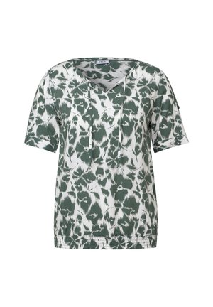 Kurzärmliges Oberteil in Grün und Weiß mit einem Batikmuster, V-Ausschnitt und entspannter Passform aus einem weichen, leichten Material.