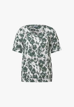 Kurzärmliges Oberteil in Grün und Weiß mit einem Batikmuster, V-Ausschnitt und entspannter Passform aus einem weichen, leichten Material.