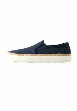 Navy blue slip-on casual shoe with a white sole and jute trim detail around the base, displayed on a white background.