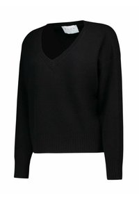 Maglione nero a scollo a V realizzato in tessuto morbido con orlo e polsini a coste, caratterizzato da una vestibilità rilassata e un design pulito. L'etichetta riporta "KAOS ITALY".