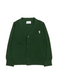 Cardigan verde a maglia con collo a V, bottoni frontali, polsini e orlo a coste. Presenta un piccolo logo bianco sul lato sinistro del petto. Texture morbida.