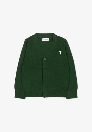 Zielony dziergany kardigan z dekoltem w kształcie litery V, z guzikami z przodu oraz ściągaczami przy mankietach i dolnej krawędzi. Posiada małe białe logo po lewej stronie klatki piersiowej. Miękka tekstura.