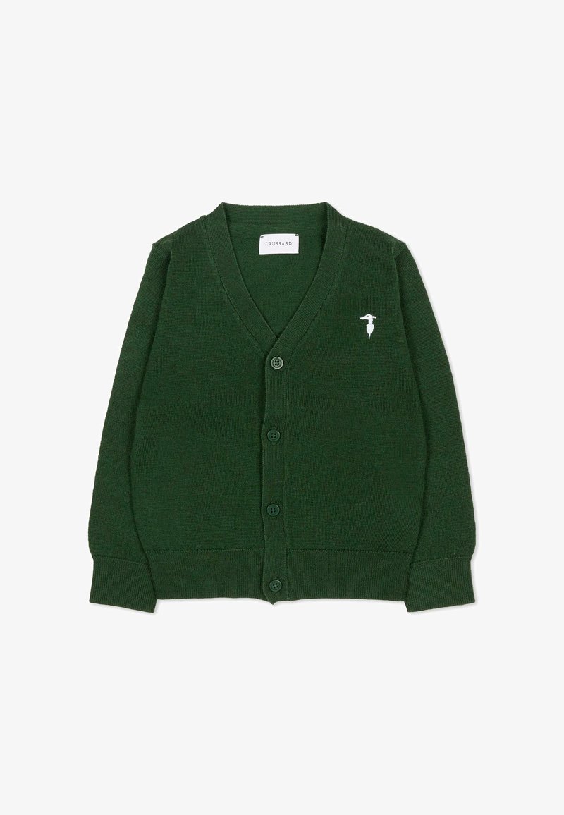 Cardigan verde a maglia con collo a V, bottoni frontali, polsini e orlo a coste. Presenta un piccolo logo bianco sul lato sinistro del petto. Texture morbida.