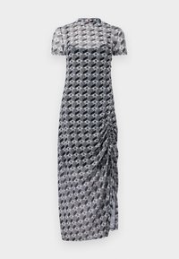 Sheer, short-sleeve dress with a geometric black and white pattern. Features ruching on one side and a straight silhouette.