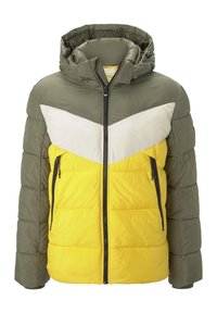 Giubbotto imbottito con cappuccio e blocchi di colore in verde oliva, chevron bianco e giallo brillante, dotato di una chiusura frontale con zip e tasche laterali con zip.