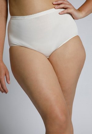 Hoge taille witte katoenen slips met een micro-textuur, geschulpte elastieken tailleband en gladde beenopeningen.