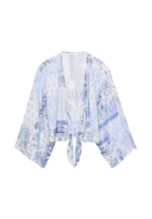 Kimono in stile avvolgente blu e bianco con motivo, maniche larghe e chiusura anteriore con legatura, realizzato in tessuto leggero e semi-trasparente.