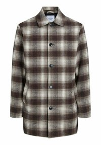 Cappotto a quadri nei toni marrone, crema e grigio. Realizzato in tessuto morbido, presenta un colletto, chiusura con bottoni e due tasche laterali. Texture liscia.