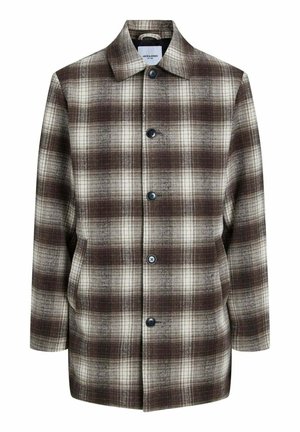 Cappotto a quadri nei toni marrone, crema e grigio. Realizzato in tessuto morbido, presenta un colletto, chiusura con bottoni e due tasche laterali. Texture liscia.