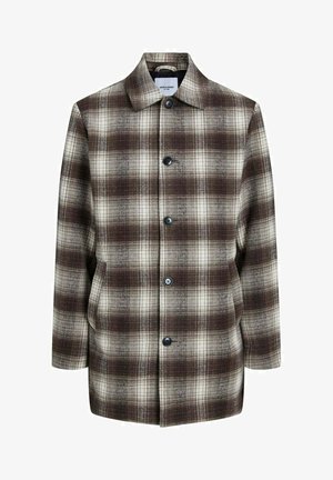 Cappotto a quadri nei toni marrone, crema e grigio. Realizzato in tessuto morbido, presenta un colletto, chiusura con bottoni e due tasche laterali. Texture liscia.