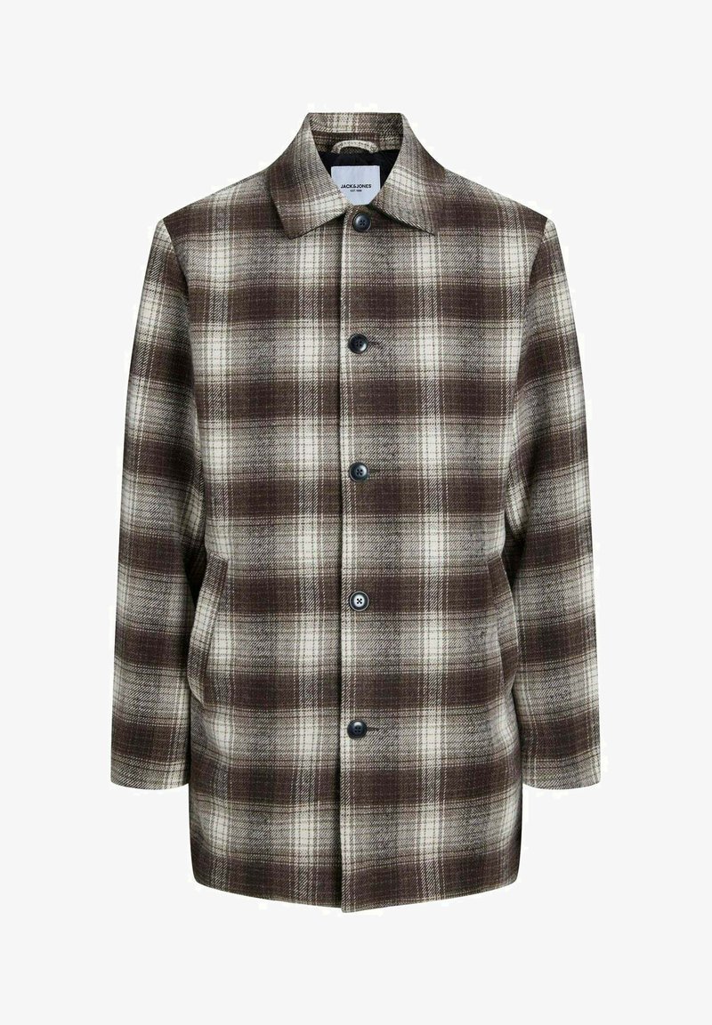 Cappotto a quadri nei toni marrone, crema e grigio. Realizzato in tessuto morbido, presenta un colletto, chiusura con bottoni e due tasche laterali. Texture liscia.