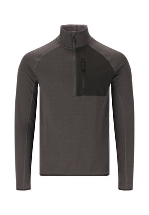 Un pull zippé gris avec un col montant, comportant une poche poitrine zippée noire, un tissu texturé et des coutures contrastantes.