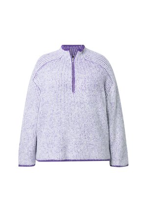 Lila und weiße gestreifte Pullover aus strukturiertem Strickstoff. Mit einem halben Reißverschluss am Kragen und kontrastierender lila Einfassung am Saum und an den Bündchen.