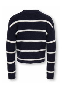 Granatowy krótki sweter w białe poziome paski. Charakteryzuje się prążkowaną teksturą, okrągłym dekoltem i długimi rękawami. Prosty design.