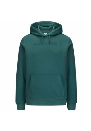 Felpa con cappuccio color verde acqua scuro con tasca frontale a marsupio e logo Kappa in rilievo sul petto.