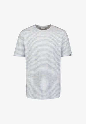 Witte heren T-shirt met korte mouwen, dunne horizontale lichtblauwe strepen en een ronde halslijn.