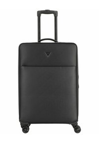Valigia rigida nera con una finitura testurizzata, due ruote, una maniglia telescopica e un emblema sul davanti. È presente una tasca anteriore con zip.