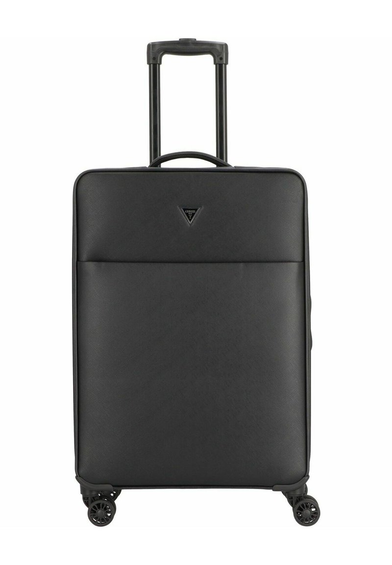 Valigia rigida nera con una finitura testurizzata, due ruote, una maniglia telescopica e un emblema sul davanti. È presente una tasca anteriore con zip.