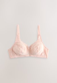 Soft pink lace and satin bra with adjustable straps, lightly padded cups, and a small central bow detail.