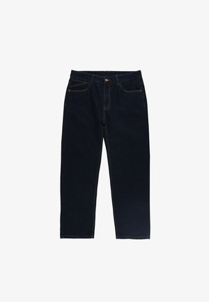 Granatowe dżinsowe spodnie o prostym kroju, z kieszeniami z przodu i z tyłu oraz kontrastowymi żółtymi szwami.