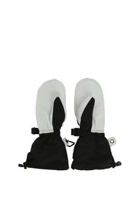Guanti impermeabili in bianco e nero. Presentano polsini elastici e cinghie regolabili per una vestibilità sicura. Fodera interna morbida.