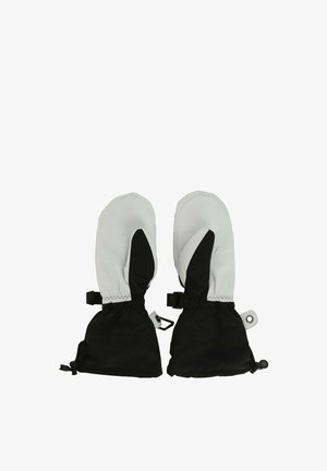 Water-resistant mittens in white and black. Features elastic cuffs and adjustable straps for secure fit. Soft interior lining.