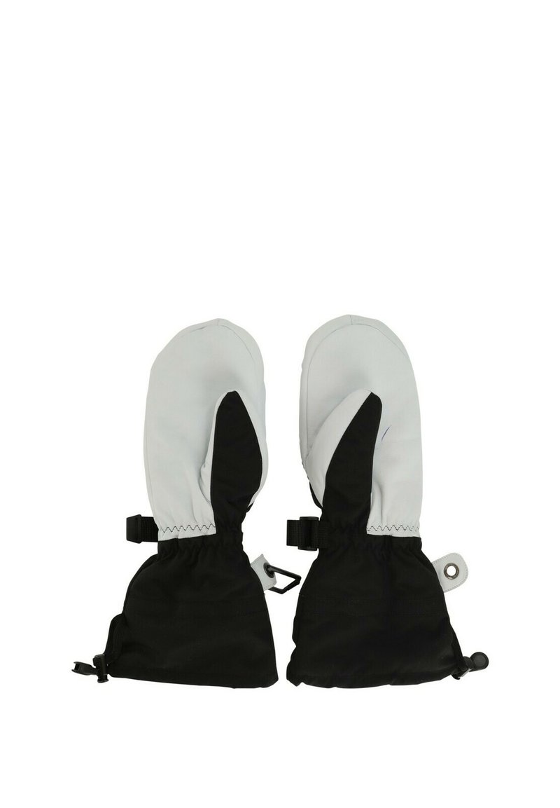 Guanti impermeabili in bianco e nero. Presentano polsini elastici e cinghie regolabili per una vestibilità sicura. Fodera interna morbida.